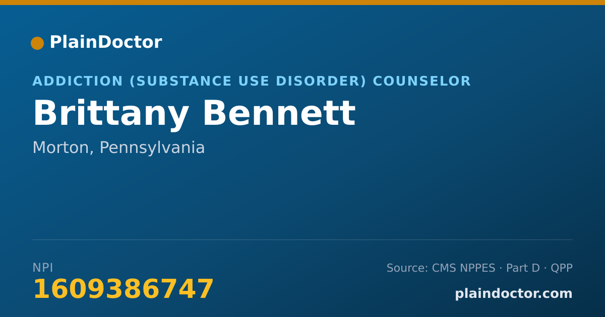 Shareable card for Brittany Bennett - Addiction (Substance Use Disorder) Counselor, Morton, PA