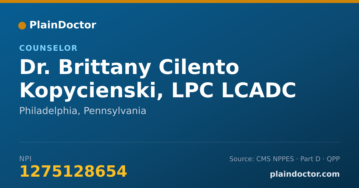 Shareable card for Brittany Cilento Kopycienski, LPC LCADC ACS - Counselor, Philadelphia, PA