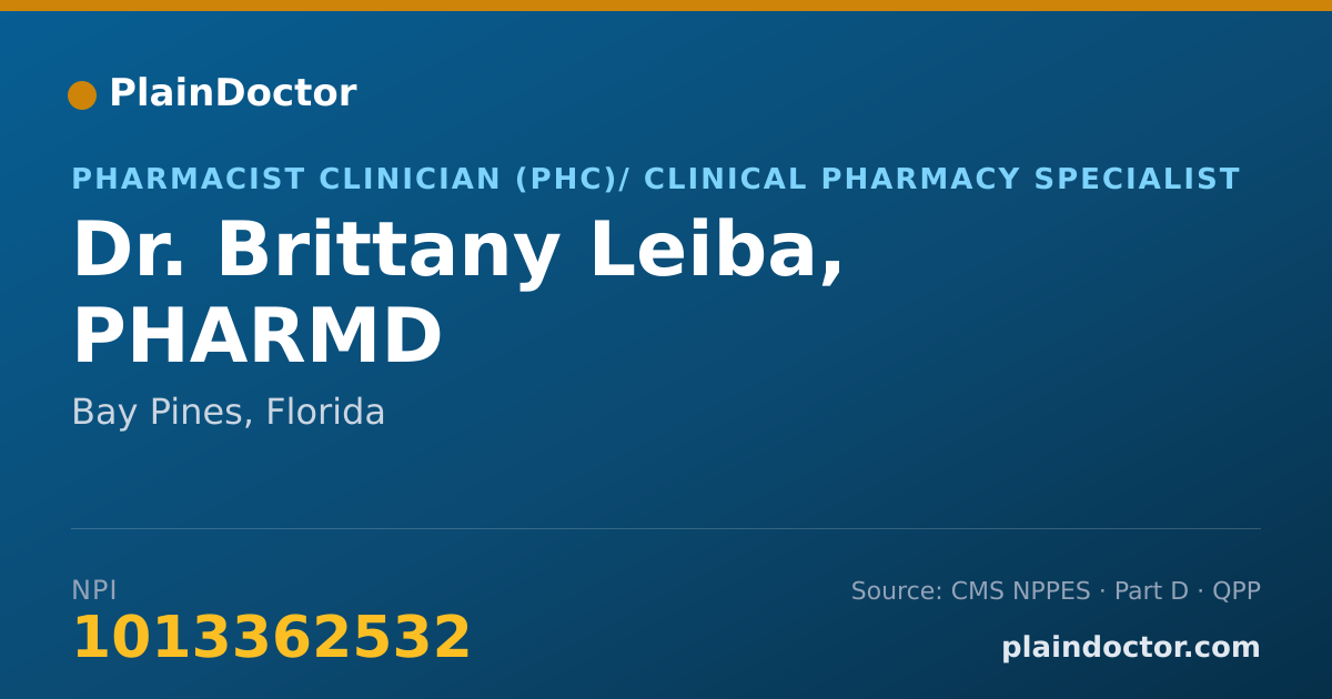 Shareable card for Brittany Leiba, PHARMD - Pharmacist Clinician (PhC)/ Clinical Pharmacy Specialist, Bay Pines, FL