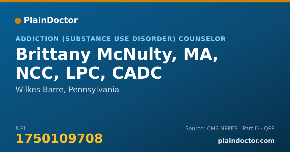 Shareable card for Brittany McNulty, MA, NCC, LPC, CADC - Addiction (Substance Use Disorder) Counselor, Wilkes Barre, PA