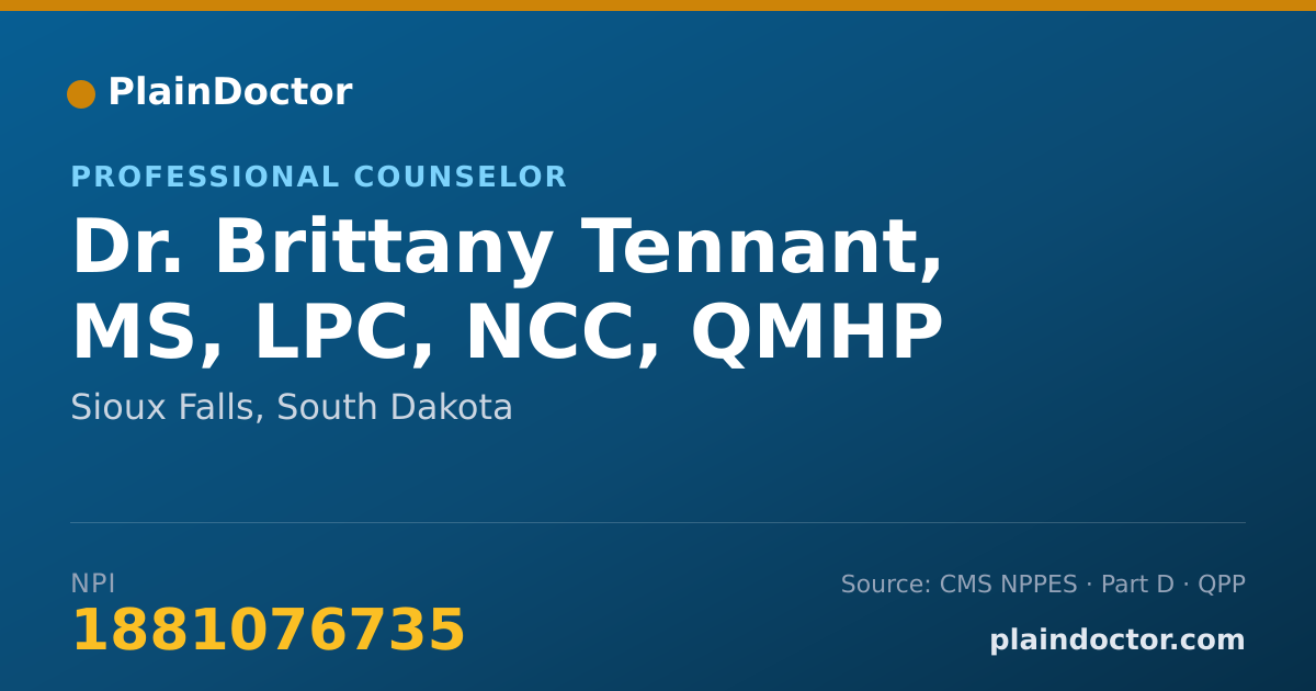 Shareable card for Brittany Tennant, MS, LPC, NCC, QMHP - Professional Counselor, Sioux Falls, SD