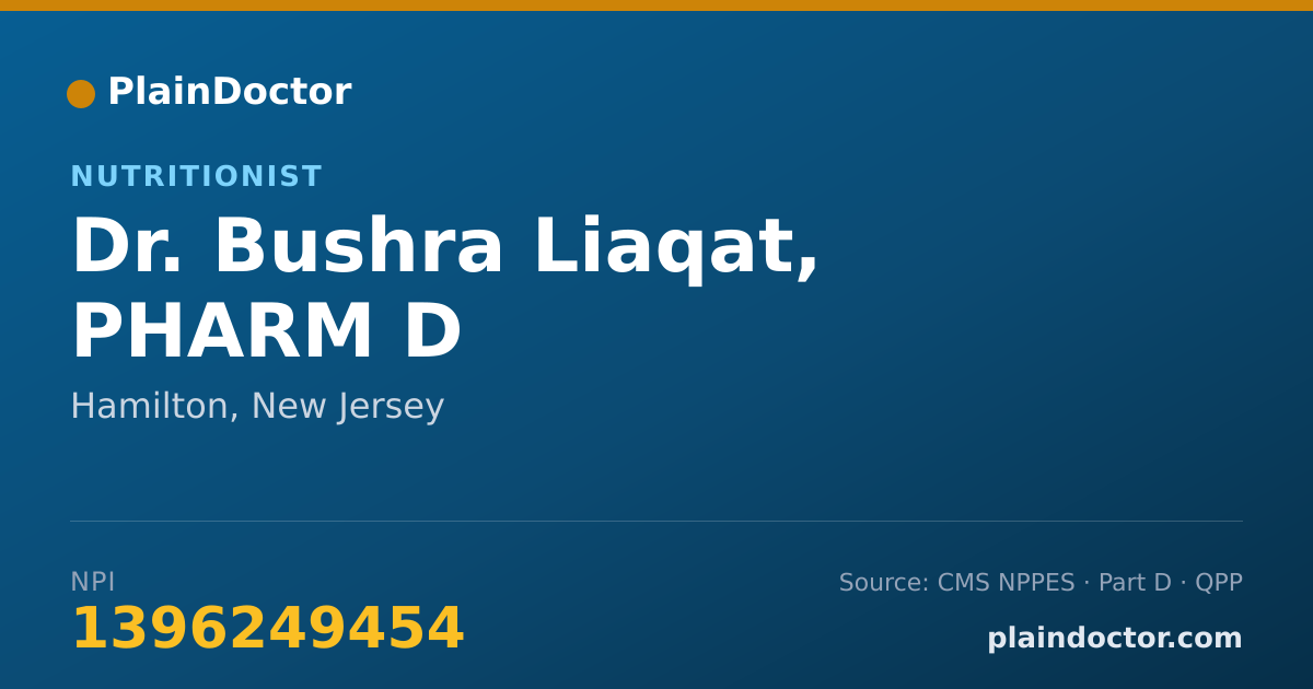 Shareable card for Bushra Liaqat, PHARM D - Nutritionist, Hamilton, NJ