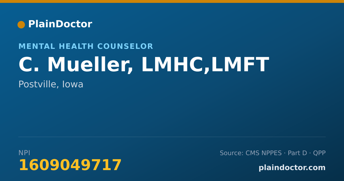 Shareable card for C. Mueller, LMHC,LMFT - Mental Health Counselor, Postville, IA