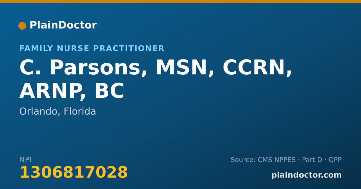 Shareable card for C. Parsons, MSN, CCRN, ARNP, BC - Family Nurse Practitioner, Orlando, FL