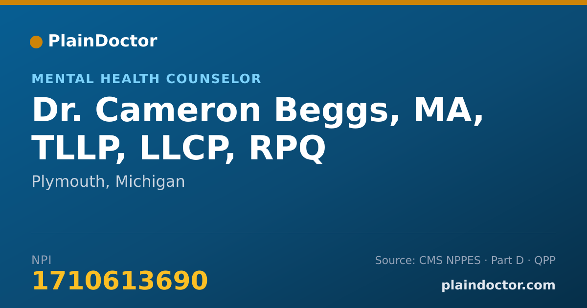 Shareable card for Cameron Beggs, MA, TLLP, LLCP, RPQ - Mental Health Counselor, Plymouth, MI