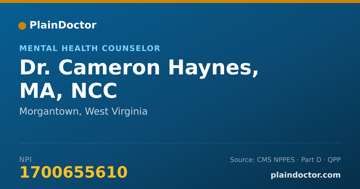 Shareable card for Cameron Haynes, MA, NCC - Mental Health Counselor, Morgantown, WV