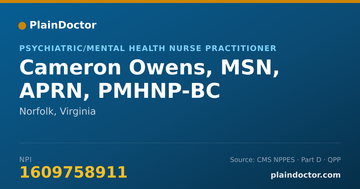 Shareable card for Cameron Owens, MSN, APRN, PMHNP-BC - Psychiatric/Mental Health Nurse Practitioner, Norfolk, VA