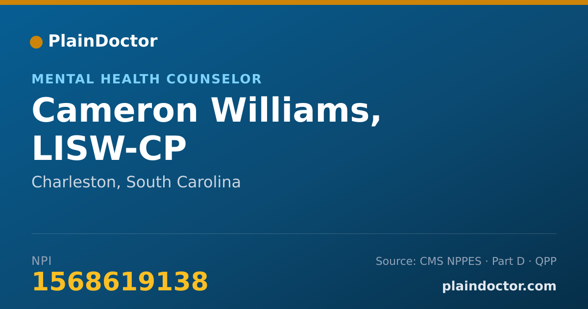 Shareable card for Cameron Williams, LISW-CP - Mental Health Counselor, Charleston, SC