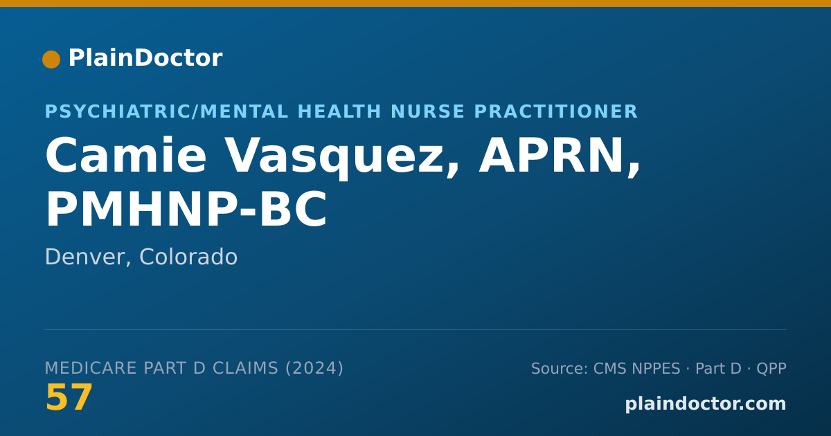 Shareable card for Camie Vasquez, APRN, PMHNP-BC - Psychiatric/Mental Health Nurse Practitioner, Denver, CO