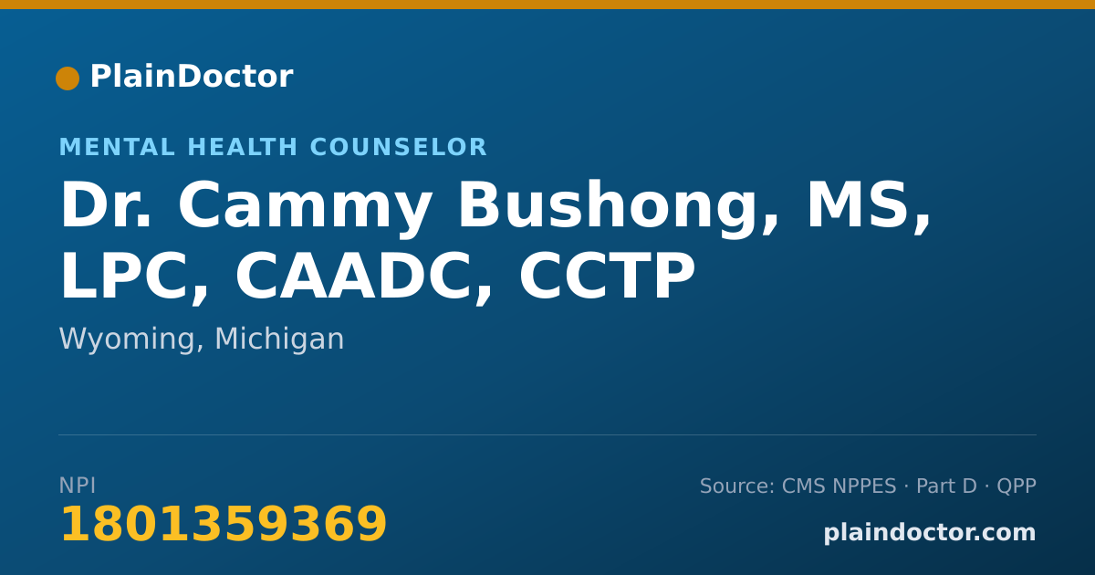 Shareable card for Cammy Bushong, MS, LPC, CAADC, CCTP - Mental Health Counselor, Wyoming, MI