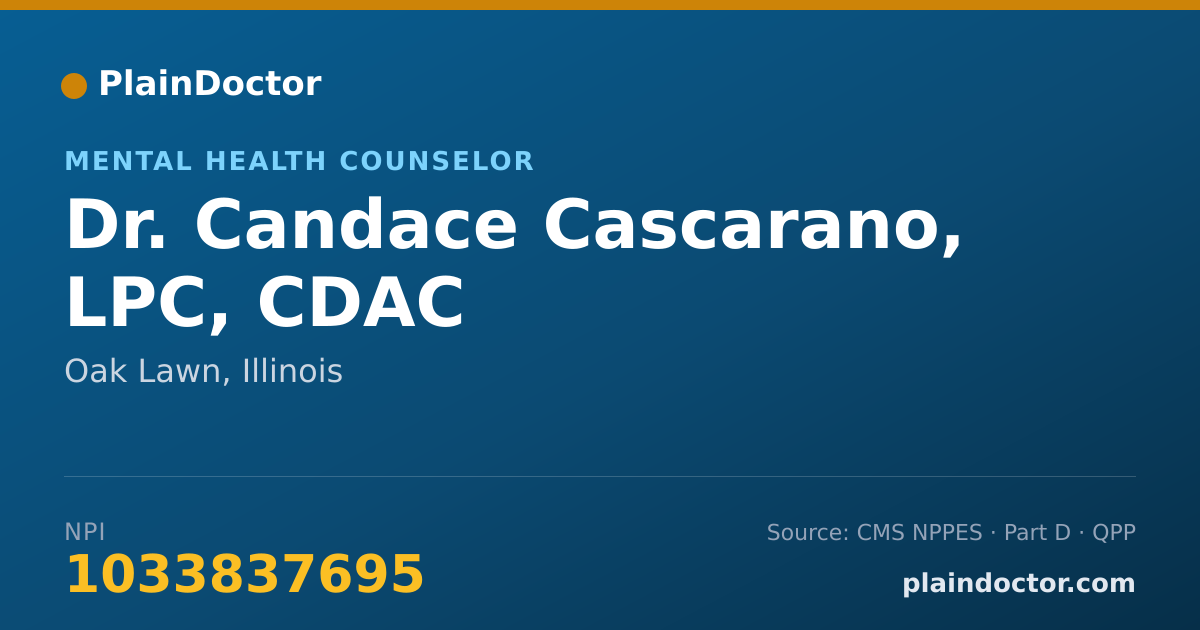 Shareable card for Candace Cascarano, LPC, CDAC - Mental Health Counselor, Oak Lawn, IL