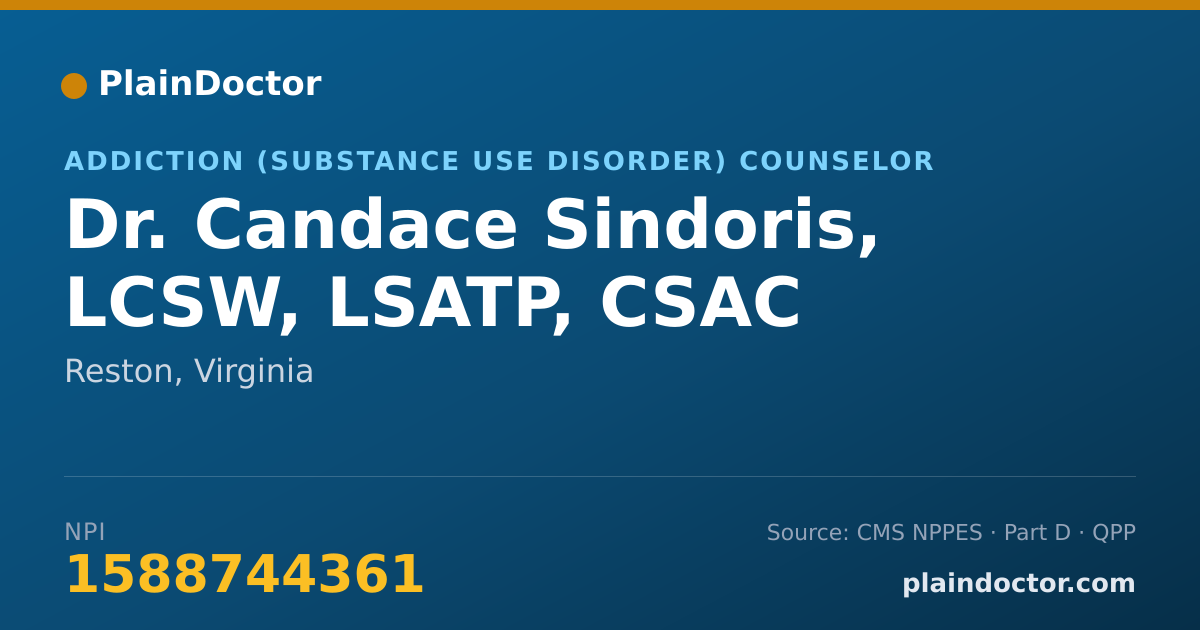 Shareable card for Candace Sindoris, LCSW, LSATP, CSAC - Addiction (Substance Use Disorder) Counselor, Reston, VA