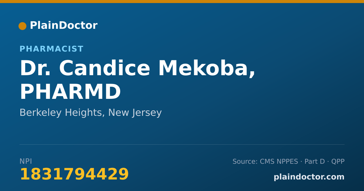 Shareable card for Candice Mekoba, PHARMD - Pharmacist, Berkeley Heights, NJ