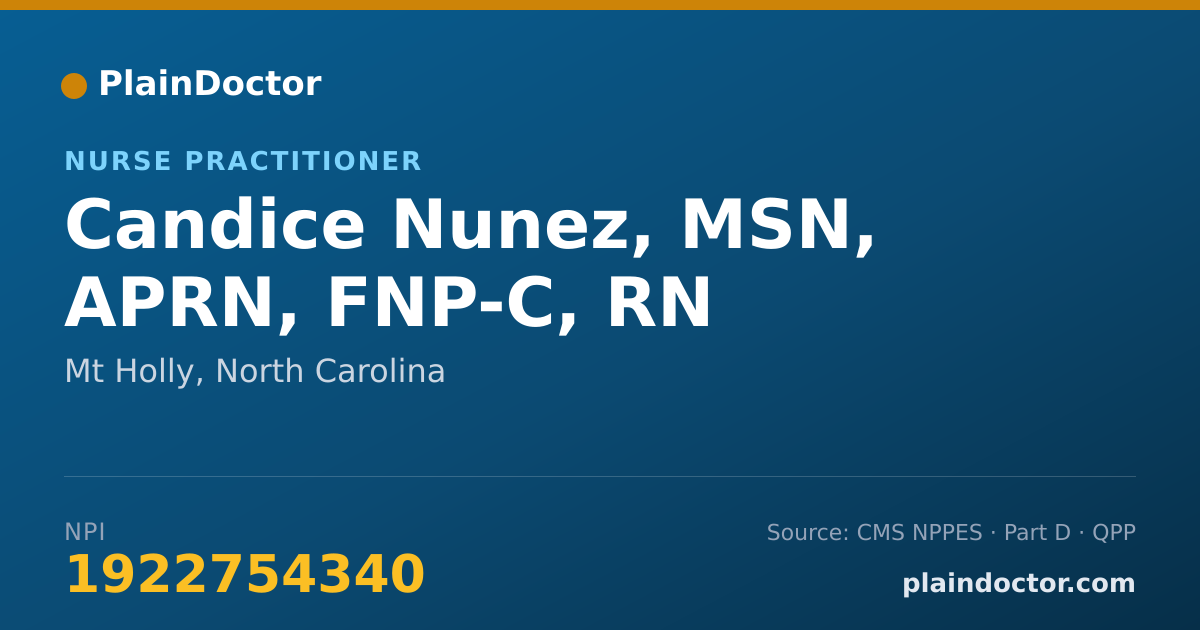 Shareable card for Candice Nunez, MSN, APRN, FNP-C, RN - Nurse Practitioner, Mt Holly, NC