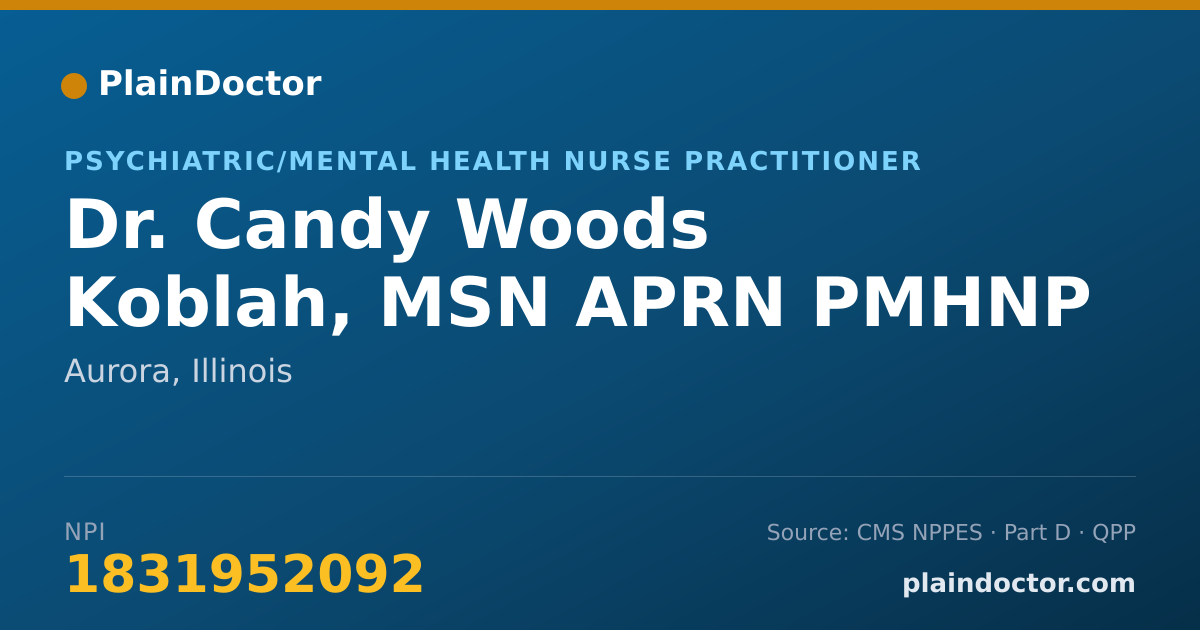 Shareable card for Candy Woods Koblah, MSN APRN PMHNP - Psychiatric/Mental Health Nurse Practitioner, Aurora, IL