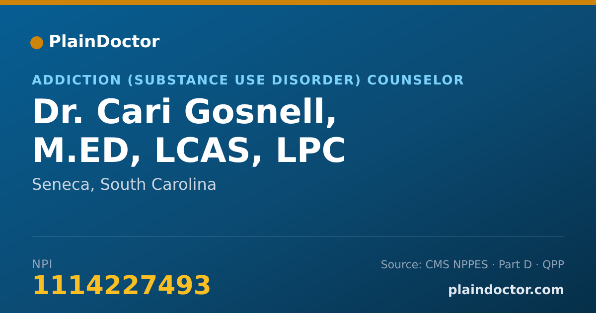 Shareable card for Cari Gosnell, M.ED, LCAS, LPC - Addiction (Substance Use Disorder) Counselor, Seneca, SC