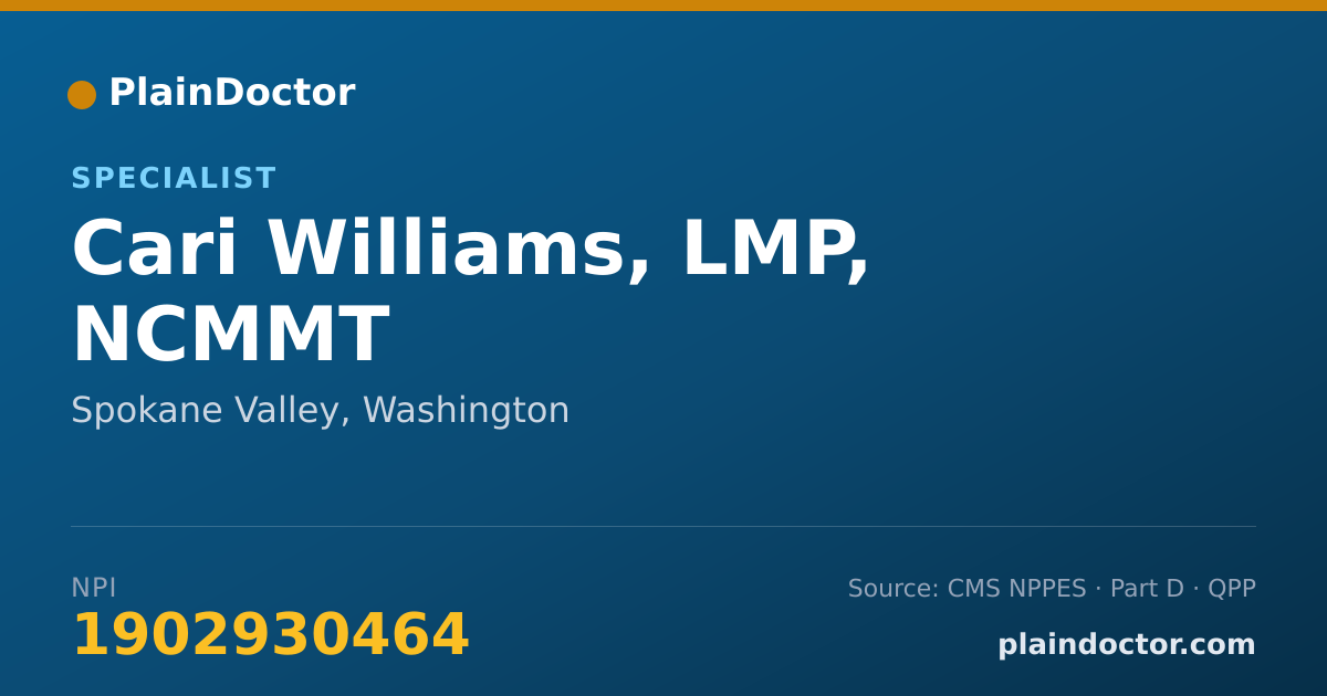 Shareable card for Cari Williams, LMP, NCMMT - Specialist, Spokane Valley, WA