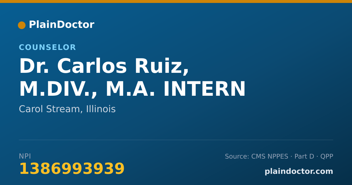 Shareable card for Carlos Ruiz, M.DIV., M.A. INTERN - Counselor, Carol Stream, IL
