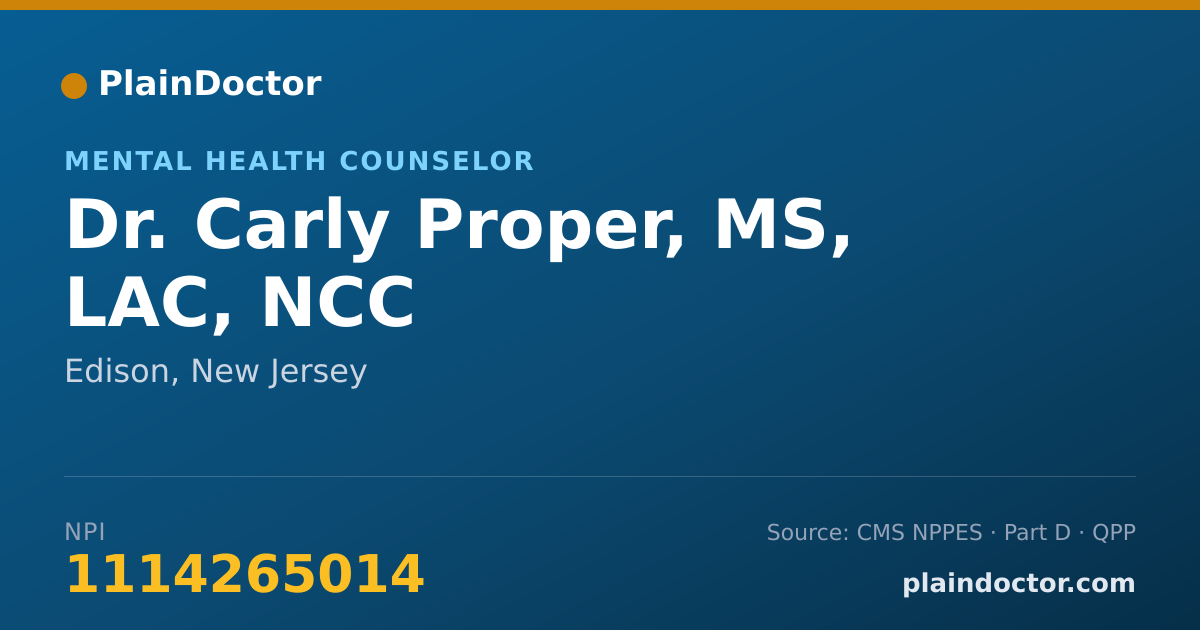 Shareable card for Carly Proper, MS, LAC, NCC - Mental Health Counselor, Edison, NJ