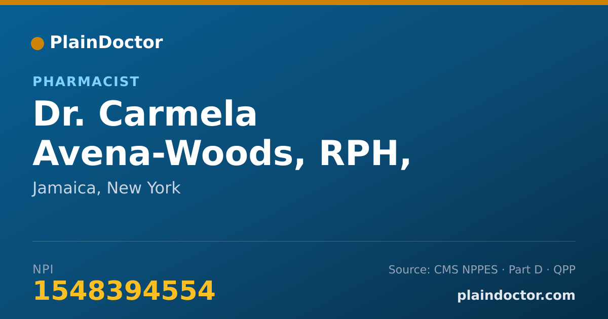 Shareable card for Carmela Avena-Woods, RPH, PHARM D, CGP - Pharmacist, Jamaica, NY
