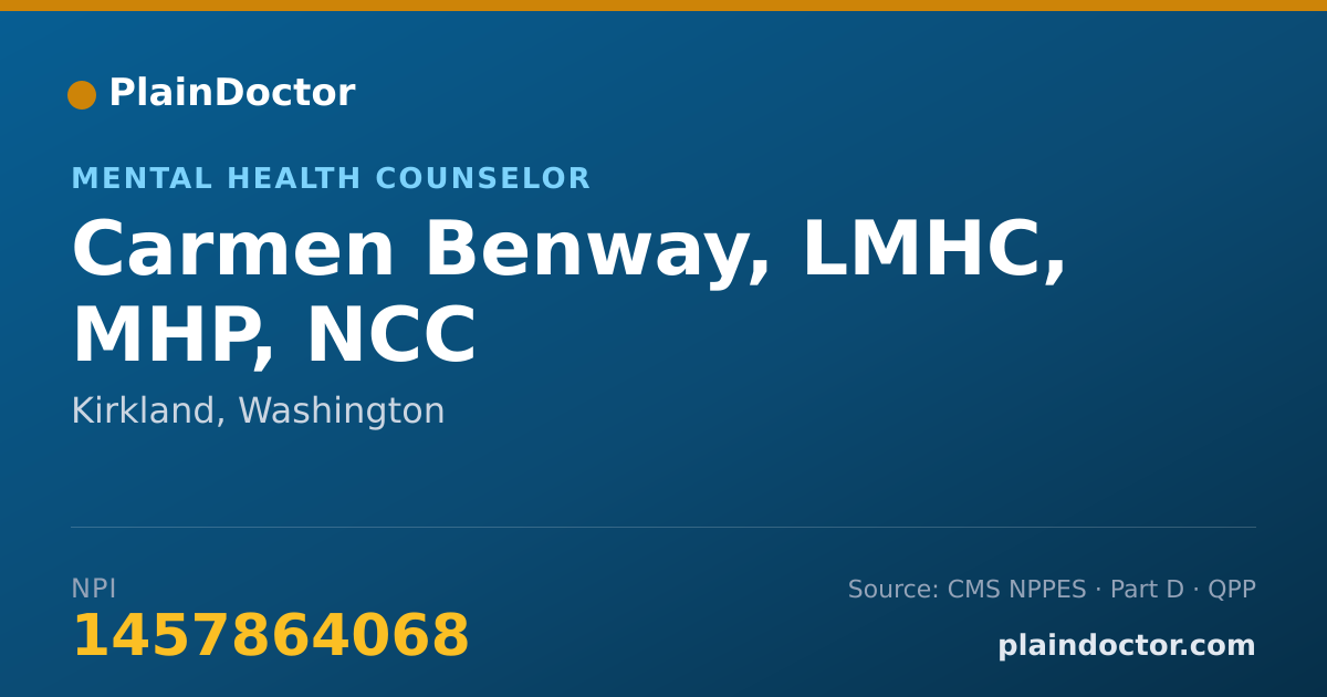 Shareable card for Carmen Benway, LMHC, MHP, NCC - Mental Health Counselor, Kirkland, WA