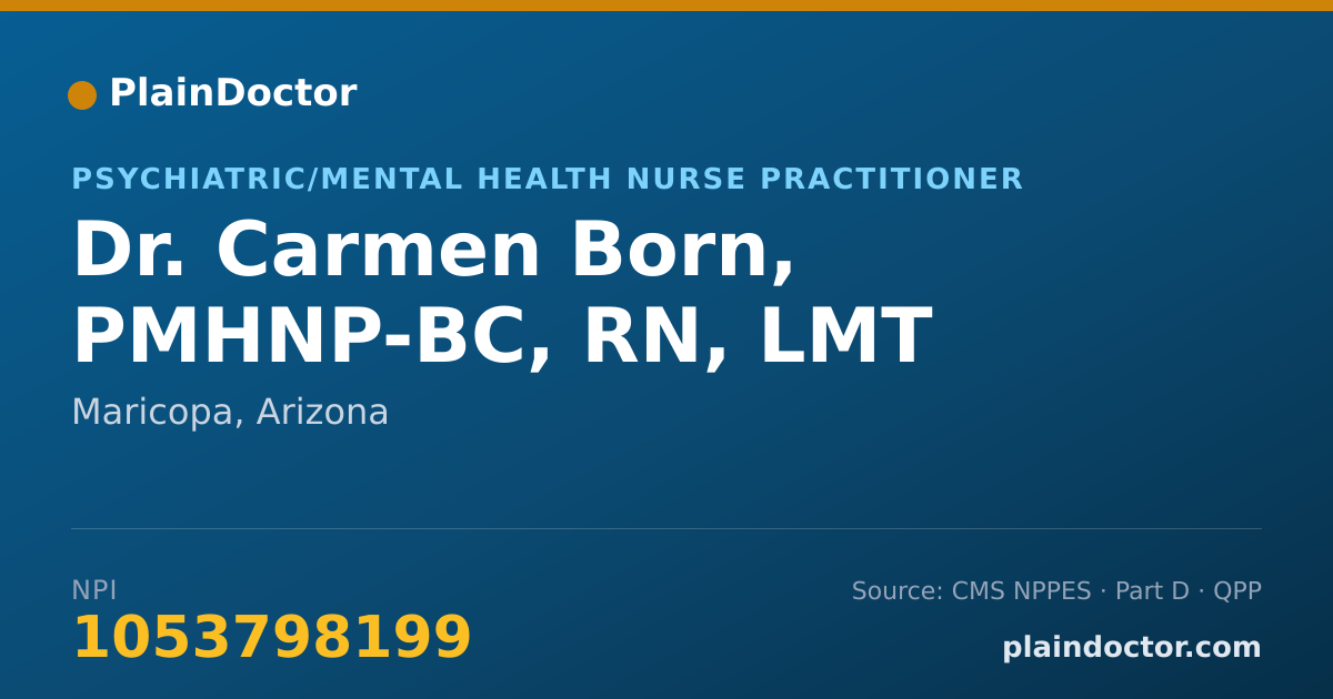 Shareable card for Carmen Born, PMHNP-BC, RN, LMT - Psychiatric/Mental Health Nurse Practitioner, Maricopa, AZ