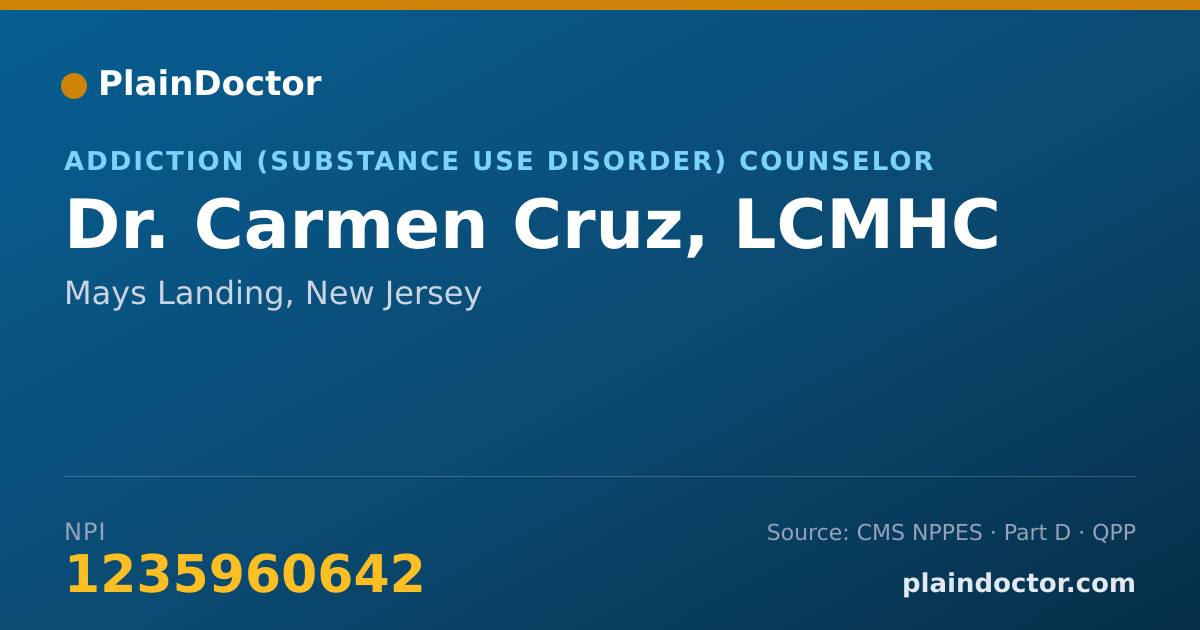 Shareable card for Carmen Cruz, LCMHC - Addiction (Substance Use Disorder) Counselor, Mays Landing, NJ