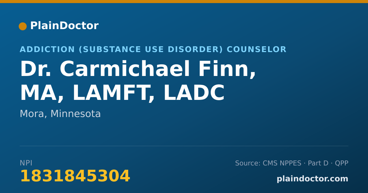 Shareable card for Carmichael Finn, MA, LAMFT, LADC - Addiction (Substance Use Disorder) Counselor, Mora, MN