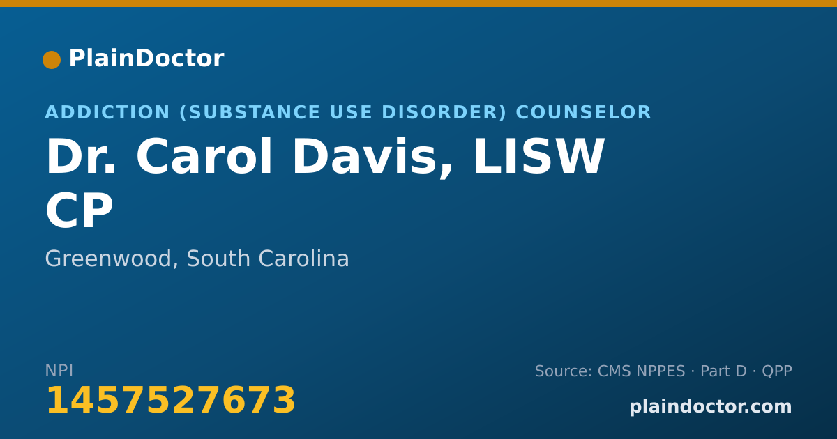 Shareable card for Carol Davis, LISW CP - Addiction (Substance Use Disorder) Counselor, Greenwood, SC