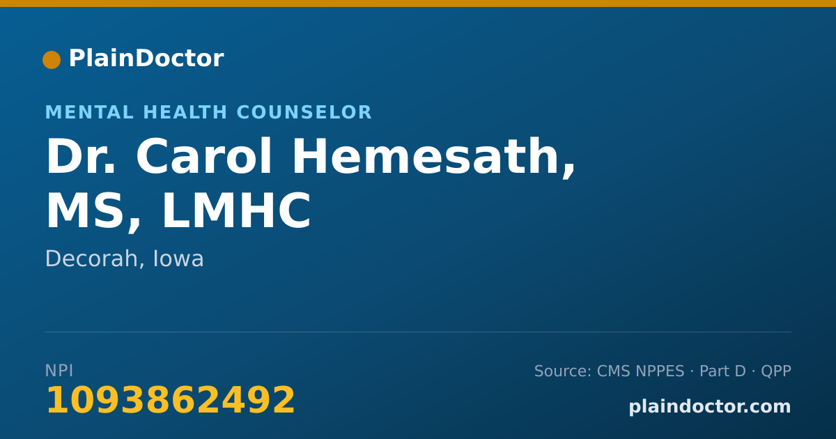 Shareable card for Carol Hemesath, MS, LMHC - Mental Health Counselor, Decorah, IA