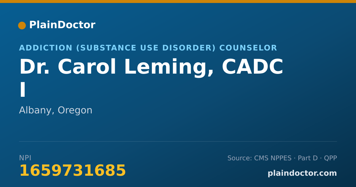 Shareable card for Carol Leming, CADC I - Addiction (Substance Use Disorder) Counselor, Albany, OR