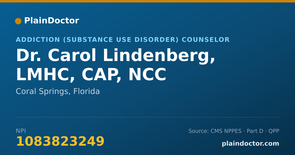 Shareable card for Carol Lindenberg, LMHC, CAP, NCC - Addiction (Substance Use Disorder) Counselor, Coral Springs, FL
