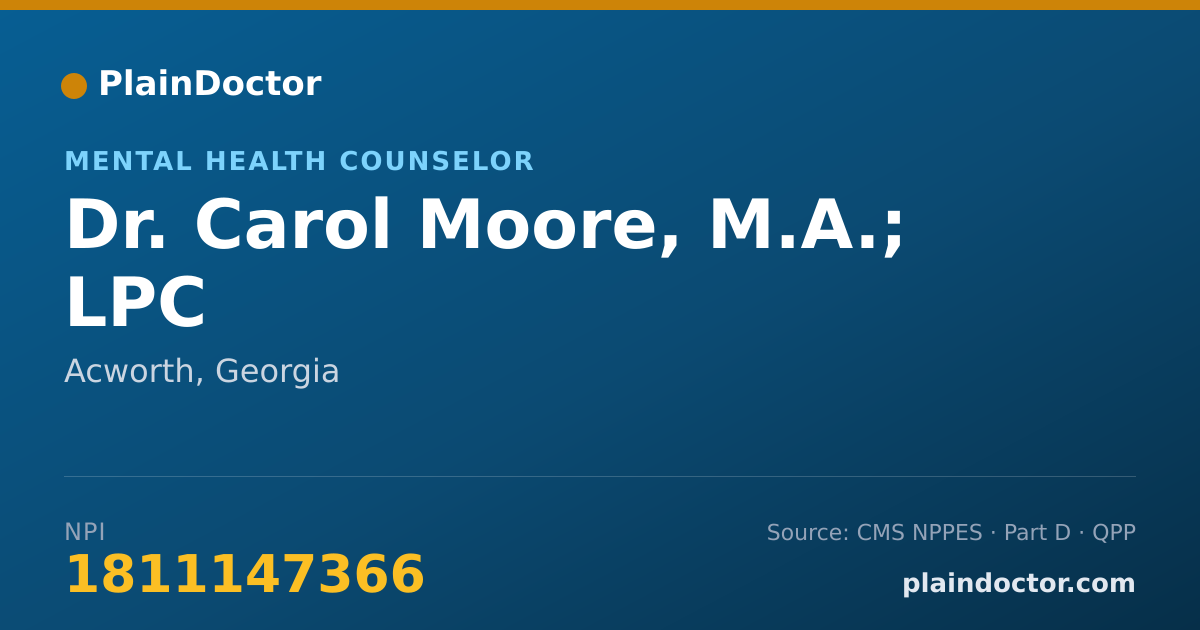 Shareable card for Carol Moore, M.A.; LPC - Mental Health Counselor, Acworth, GA
