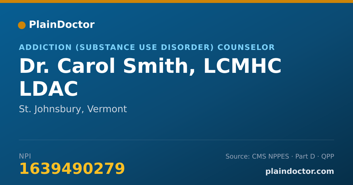 Shareable card for Carol Smith, LCMHC LDAC - Addiction (Substance Use Disorder) Counselor, St. Johnsbury, VT