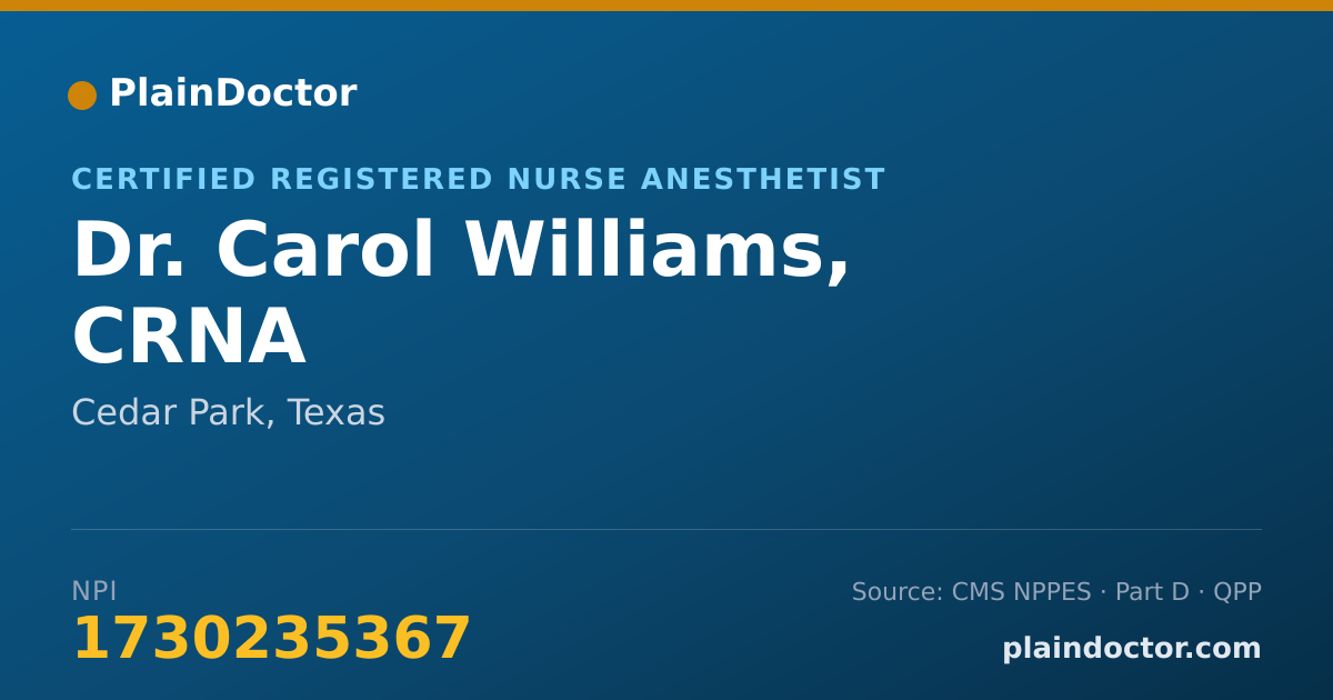 Shareable card for Carol Williams, CRNA - Certified Registered Nurse Anesthetist, Cedar Park, TX