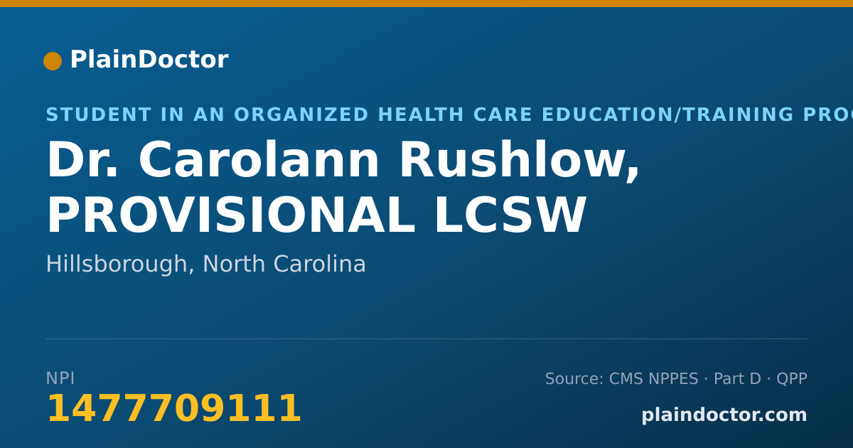 Shareable card for Carolann Rushlow, PROVISIONAL LCSW - Student in an Organized Health Care Education/Training Program, Hillsborough, NC