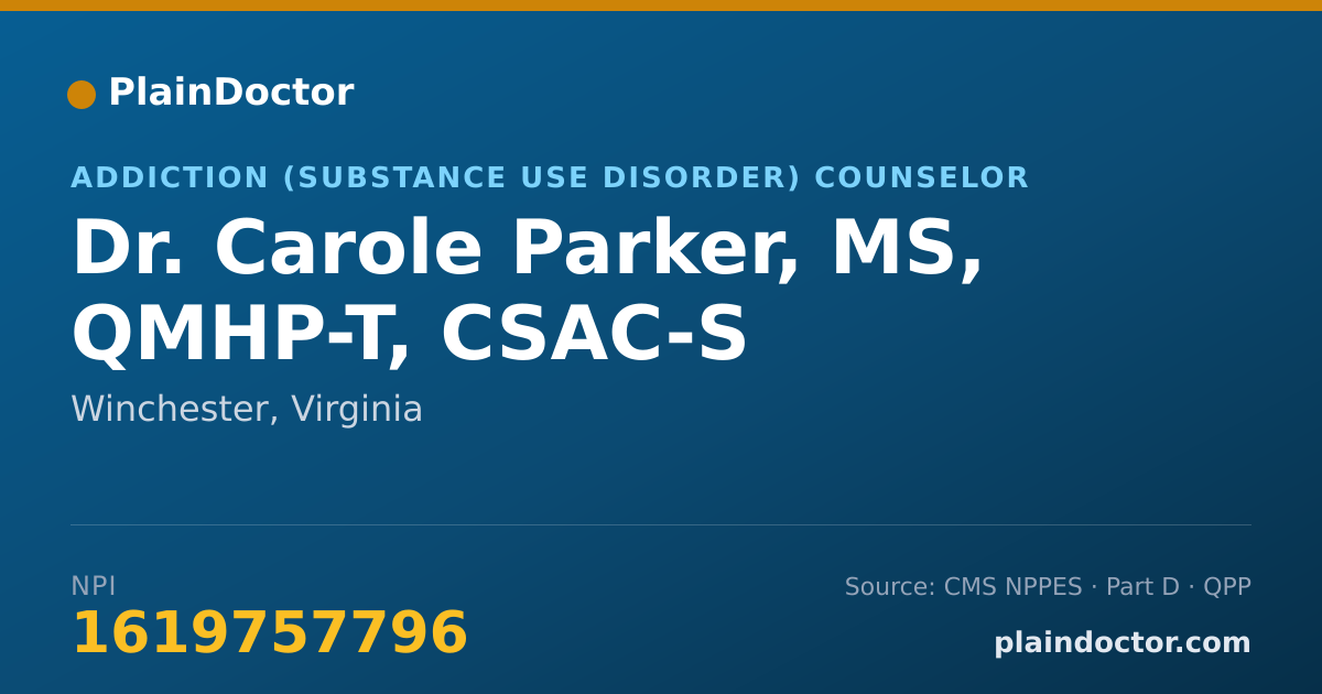 Shareable card for Carole Parker, MS, QMHP-T, CSAC-S - Addiction (Substance Use Disorder) Counselor, Winchester, VA