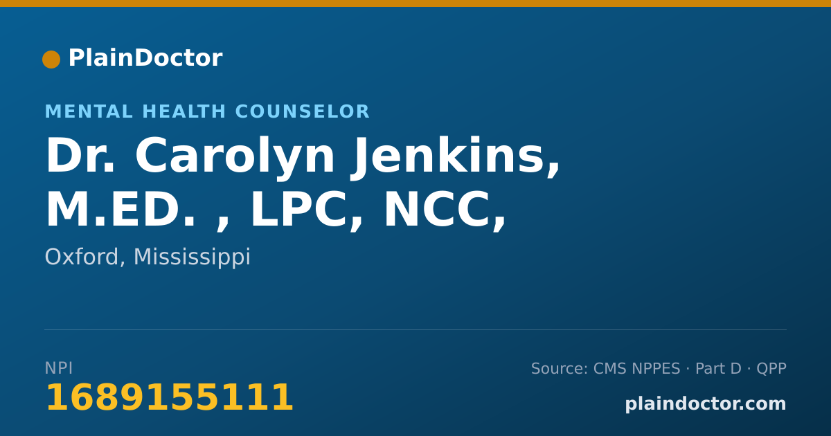 Shareable card for Carolyn Jenkins, M.ED. , LPC, NCC, - Mental Health Counselor, Oxford, MS