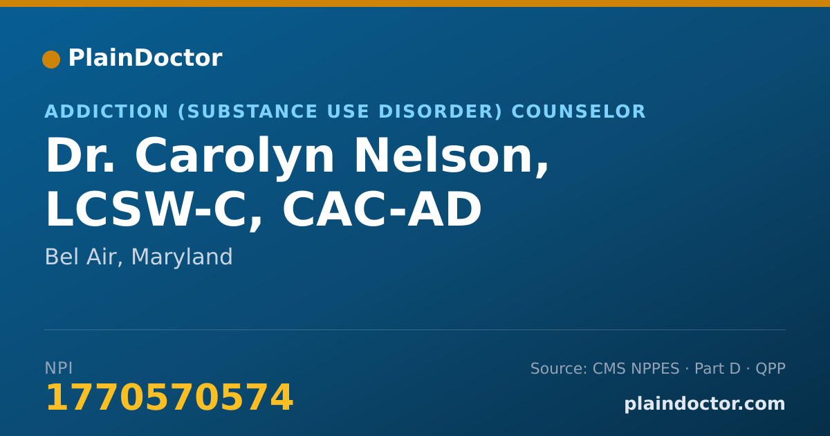 Shareable card for Carolyn Nelson, LCSW-C, CAC-AD - Addiction (Substance Use Disorder) Counselor, Bel Air, MD