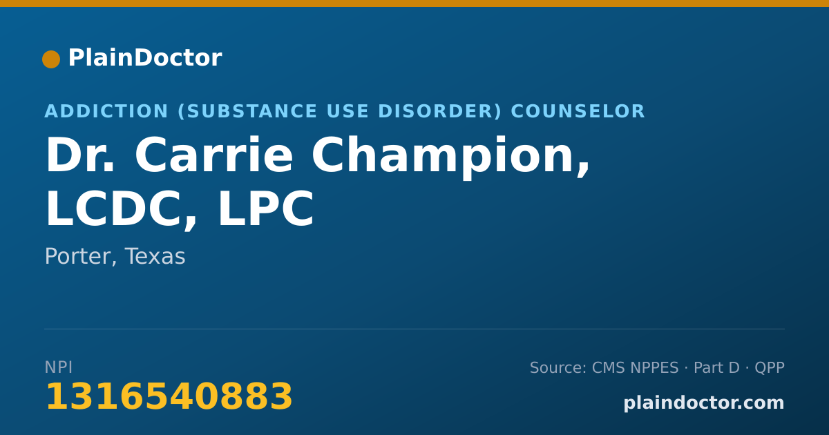 Shareable card for Carrie Champion, LCDC, LPC - Addiction (Substance Use Disorder) Counselor, Porter, TX