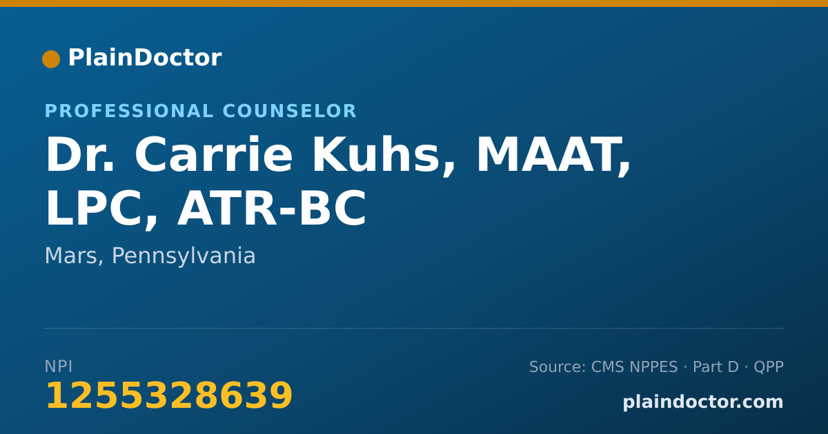 Shareable card for Carrie Kuhs, MAAT, LPC, ATR-BC - Professional Counselor, Mars, PA