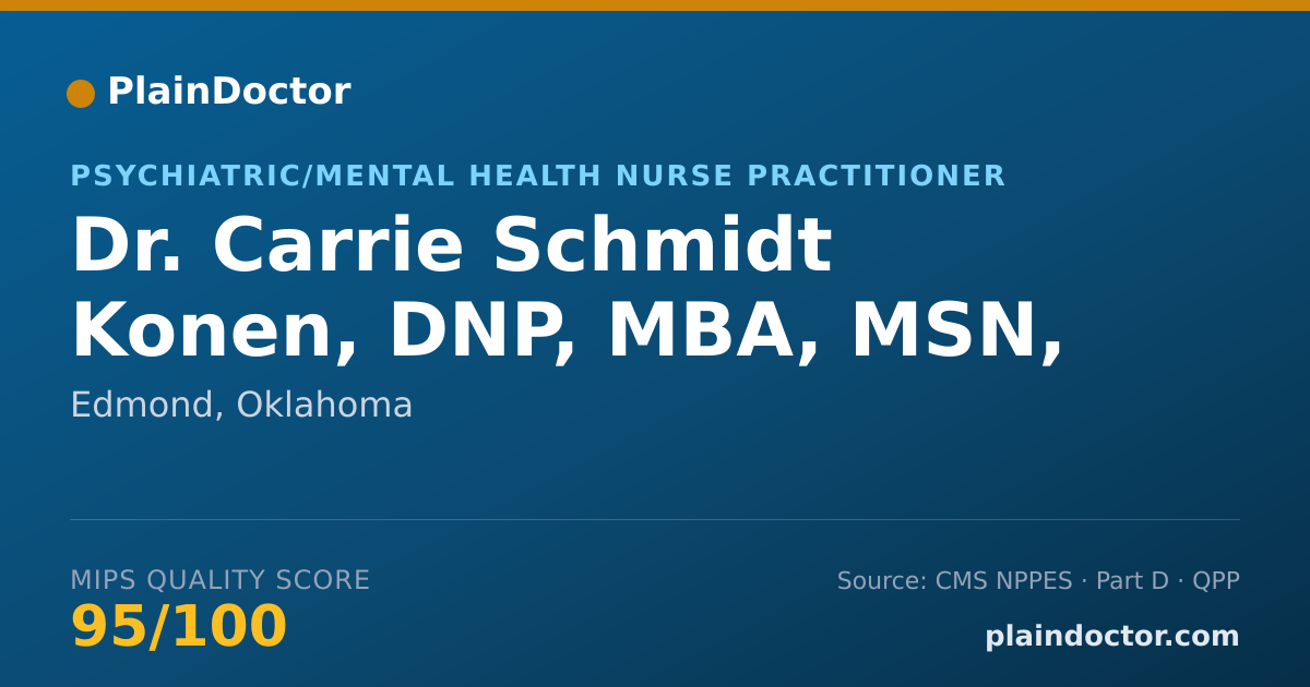 Shareable card for Carrie Schmidt Konen, DNP, MBA, MSN, APRN, - Psychiatric/Mental Health Nurse Practitioner, Edmond, OK