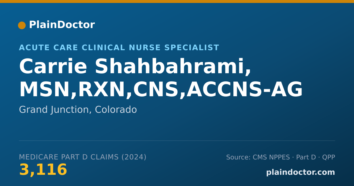 Shareable card for Carrie Shahbahrami, MSN,RXN,CNS,ACCNS-AG - Acute Care Clinical Nurse Specialist, Grand Junction, CO