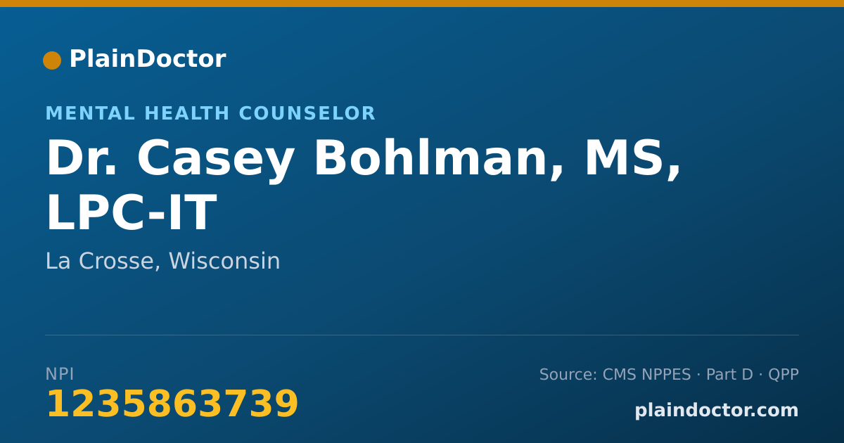 Shareable card for Casey Bohlman, MS, LPC-IT - Mental Health Counselor, La Crosse, WI