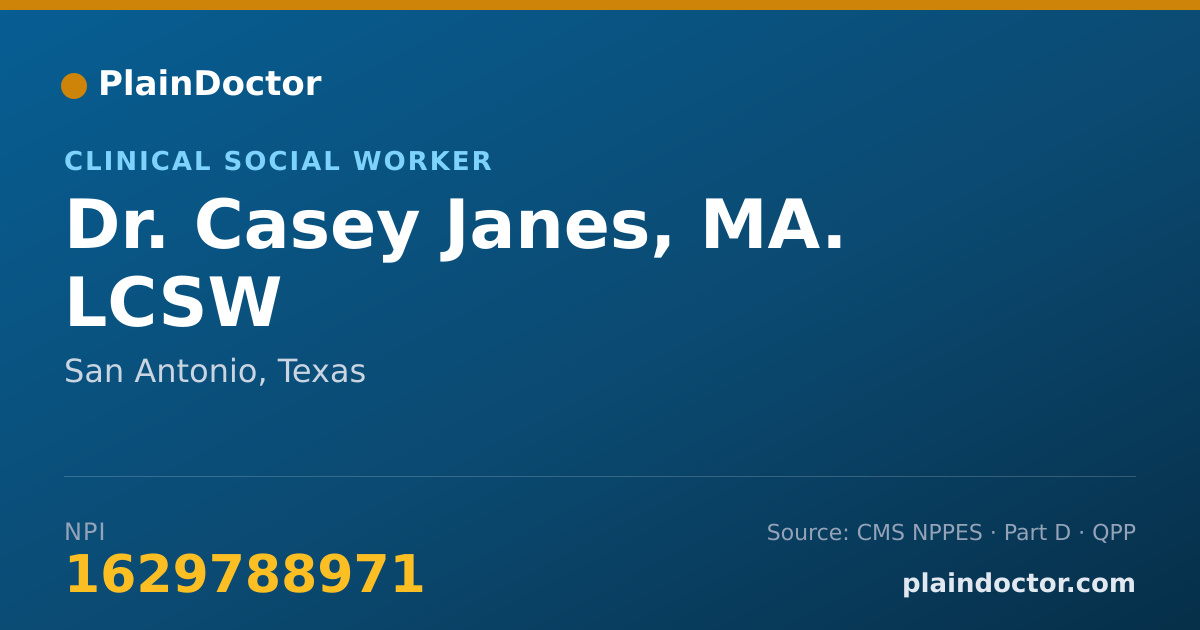 Shareable card for Casey Janes, MA. LCSW - Clinical Social Worker, San Antonio, TX