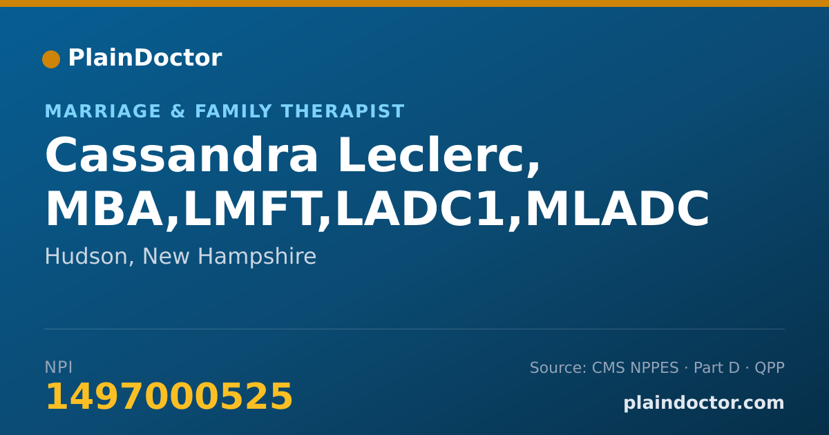 Shareable card for Cassandra Leclerc, MBA,LMFT,LADC1,MLADC - Marriage & Family Therapist, Hudson, NH