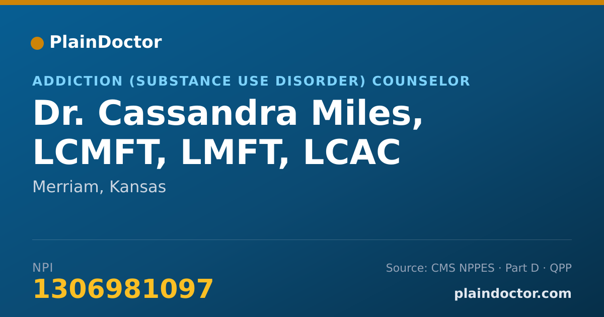 Shareable card for Cassandra Miles, LCMFT, LMFT, LCAC - Addiction (Substance Use Disorder) Counselor, Merriam, KS