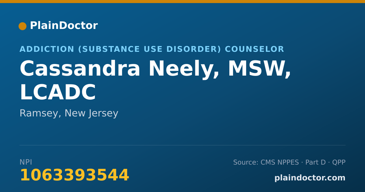 Shareable card for Cassandra Neely, MSW, LCADC - Addiction (Substance Use Disorder) Counselor, Ramsey, NJ