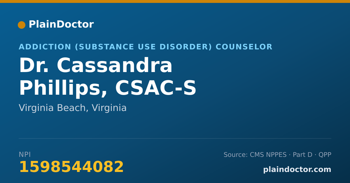 Shareable card for Cassandra Phillips, CSAC-S - Addiction (Substance Use Disorder) Counselor, Virginia Beach, VA