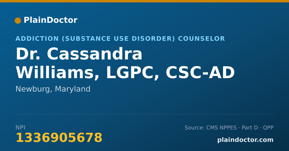 Shareable card for Cassandra Williams, LGPC, CSC-AD - Addiction (Substance Use Disorder) Counselor, Newburg, MD